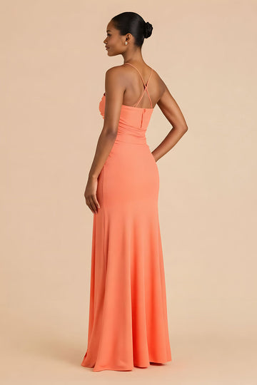 Orange Strapless Ruched Sheath Long Bridesmaid Dress with Slit